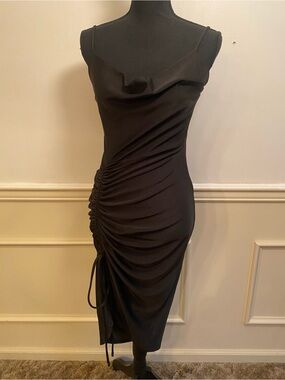 Black Ruched Cowl Neck Midi Dress E.L.H. Studio